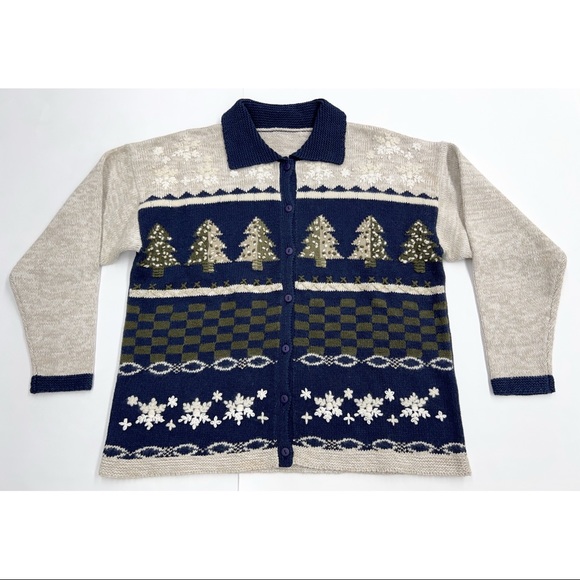 Navy Beige Button Down Embroidered Christmas Scene Sweater Knit Cardigan - Picture 12 of 16